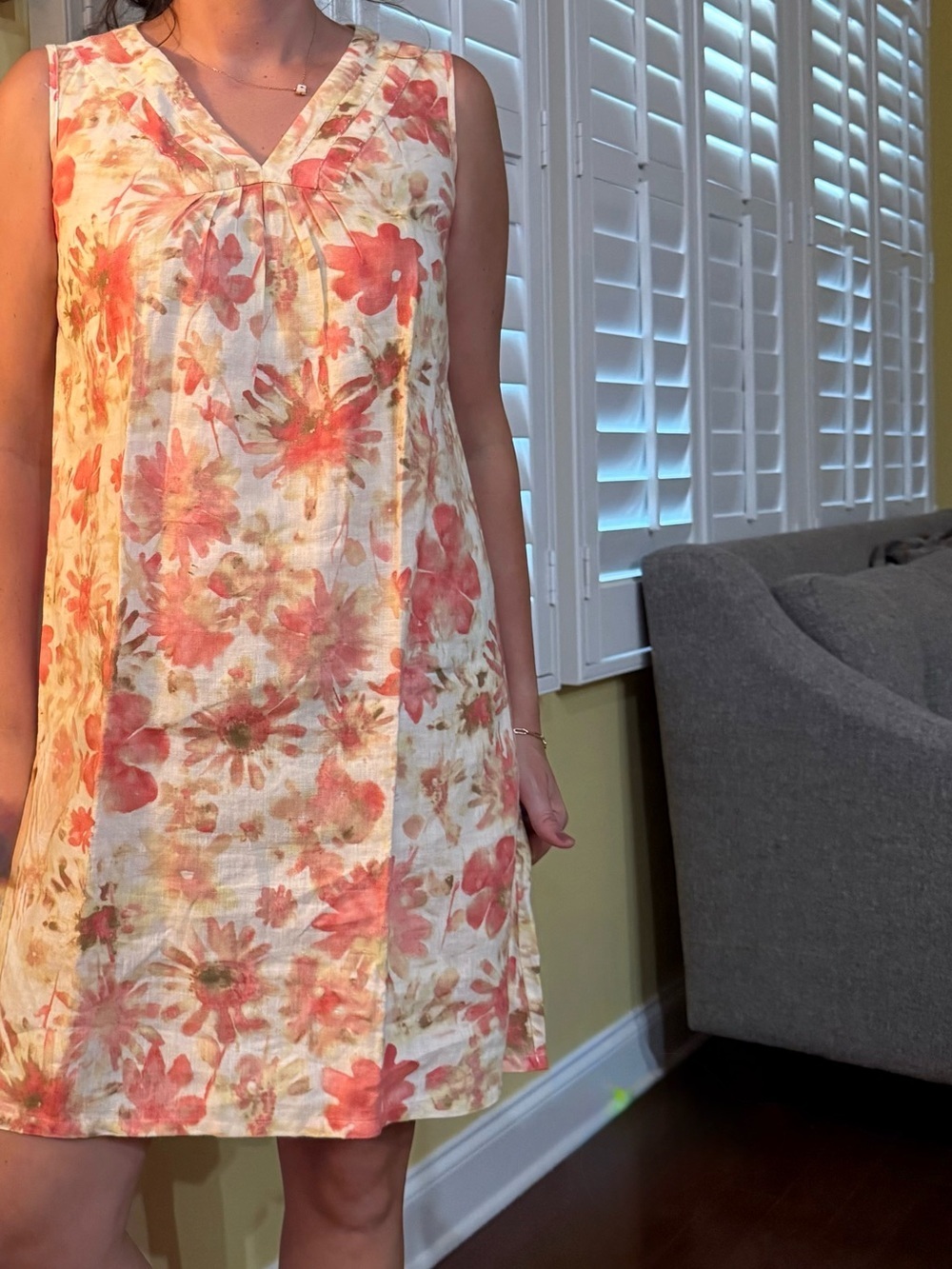 J Jill dress linen Floral White Peach Sleeveless Linen Dress Size XS
